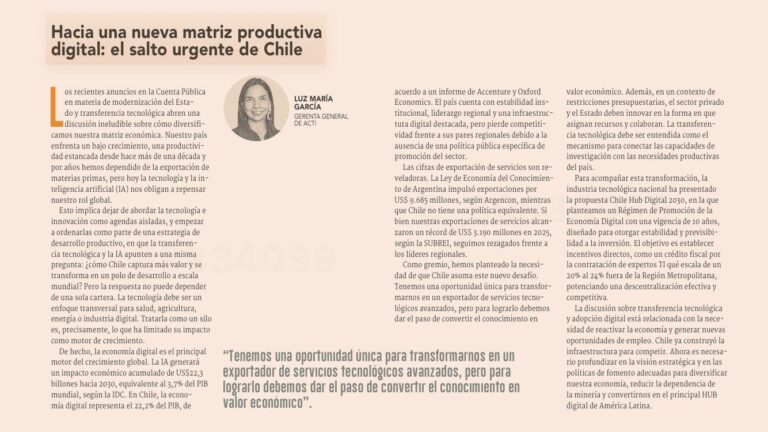 Columna de opinión:  Chile necesita una estrategia de Estado para convertirse en un HUB digital y diversificar su matriz productiva